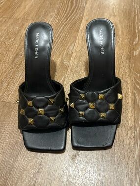 Marc Fisher Black Quilted Slide Mules with Gold Pyramid Studs